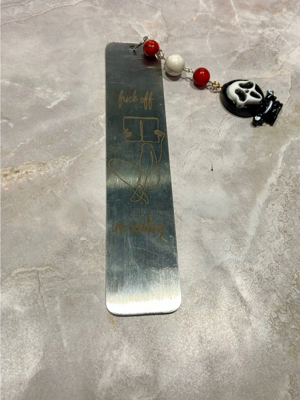 Hand Crafted Silver Bookmark with Red & White Beads and Black Skull Charm